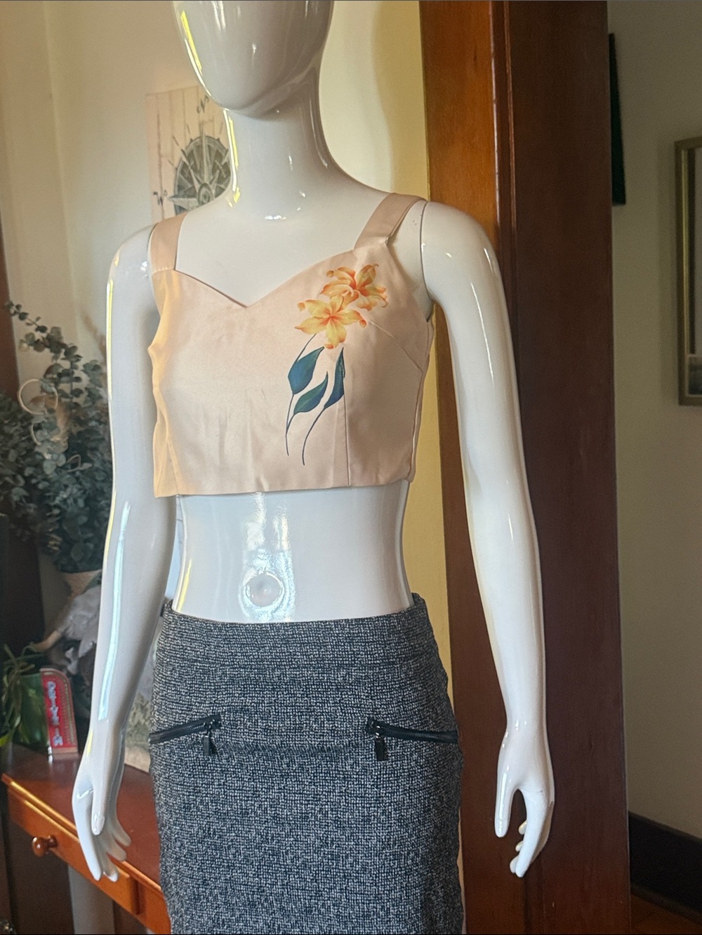 Floral Embroidered Satin Crop Top in Blush size small